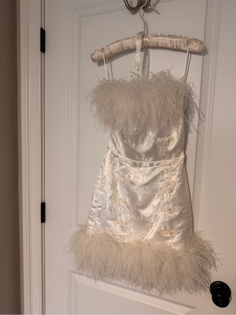 Revolve Ivory Feather-Trim Strapless Dress